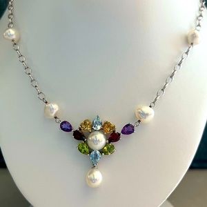 Ross Simons sterling pearl & multi gemstone necklace with magnetic clasp